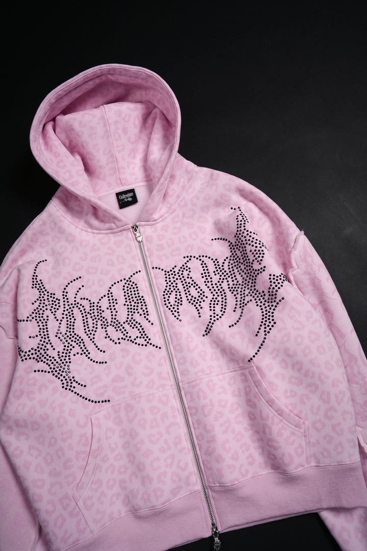 Chaos Luxe Zip Up Hoodie in Baby Pink Cheetah