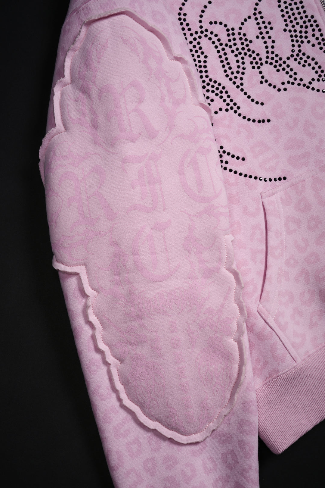 Chaos Luxe Zip Up Hoodie in Baby Pink Cheetah