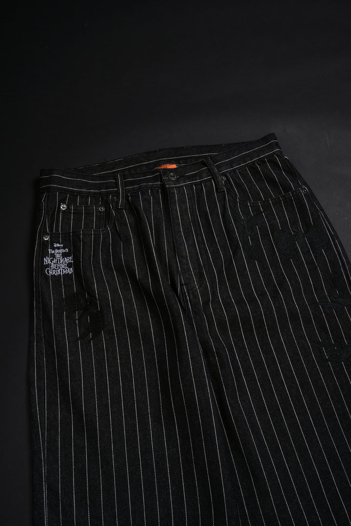 Hell Bound Bats Raw Denim Jeans in Black/White Pinstripe