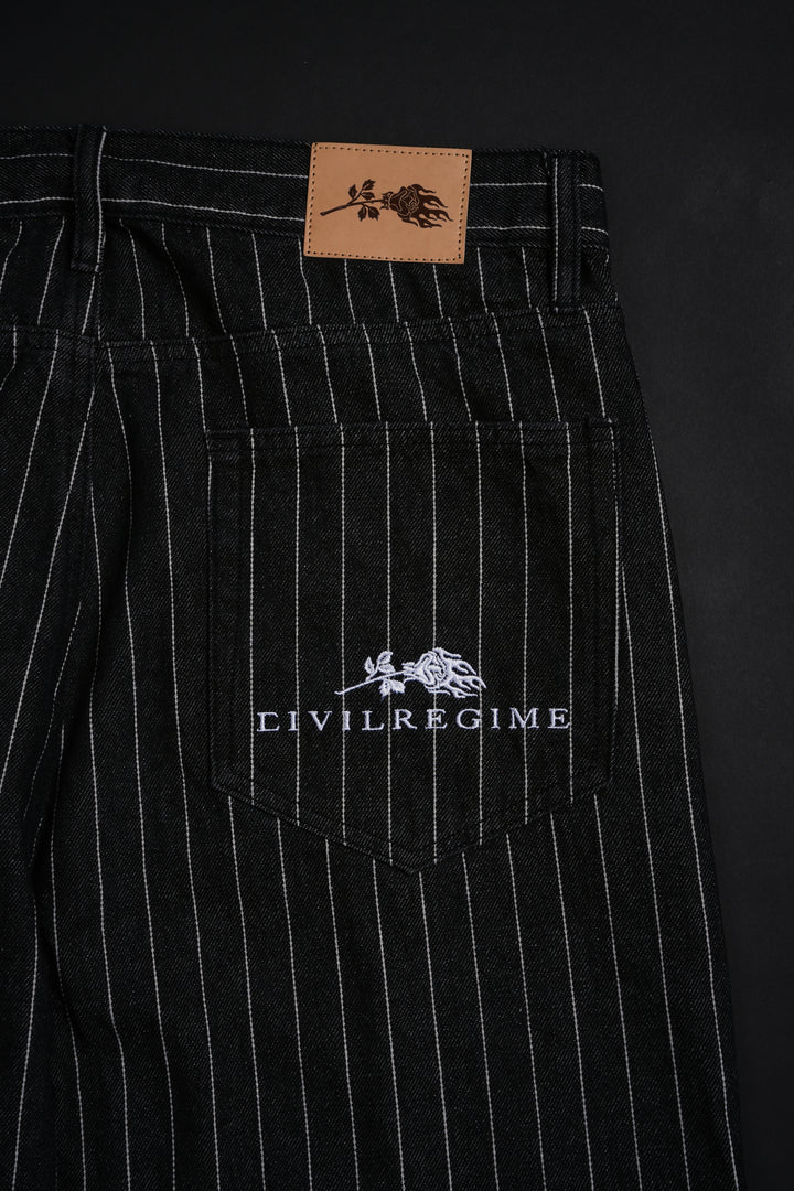 Hell Bound Bats Raw Denim Jeans in Black/White Pinstripe