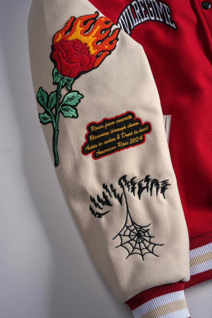 Flames V2 Varsity Jacket in Butter/Red