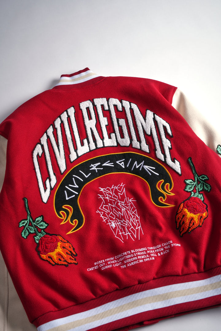 Flames V2 Varsity Jacket in Butter/Red