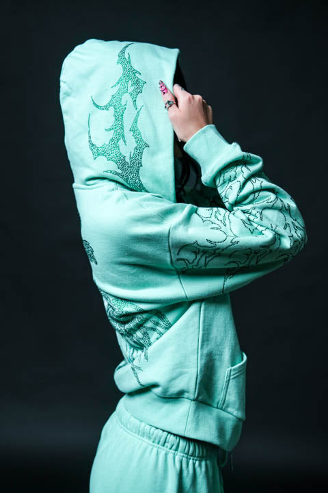 Stone Empire Outliers Distressed Zip Up Hoodie in Sea Moss Green
