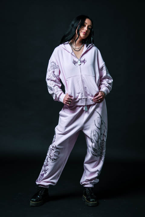 Stone Empire Outliers Distressed Zip Up Hoodie in Baby Pink