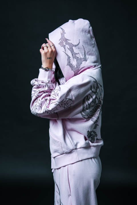 Stone Empire Outliers Distressed Zip Up Hoodie in Baby Pink