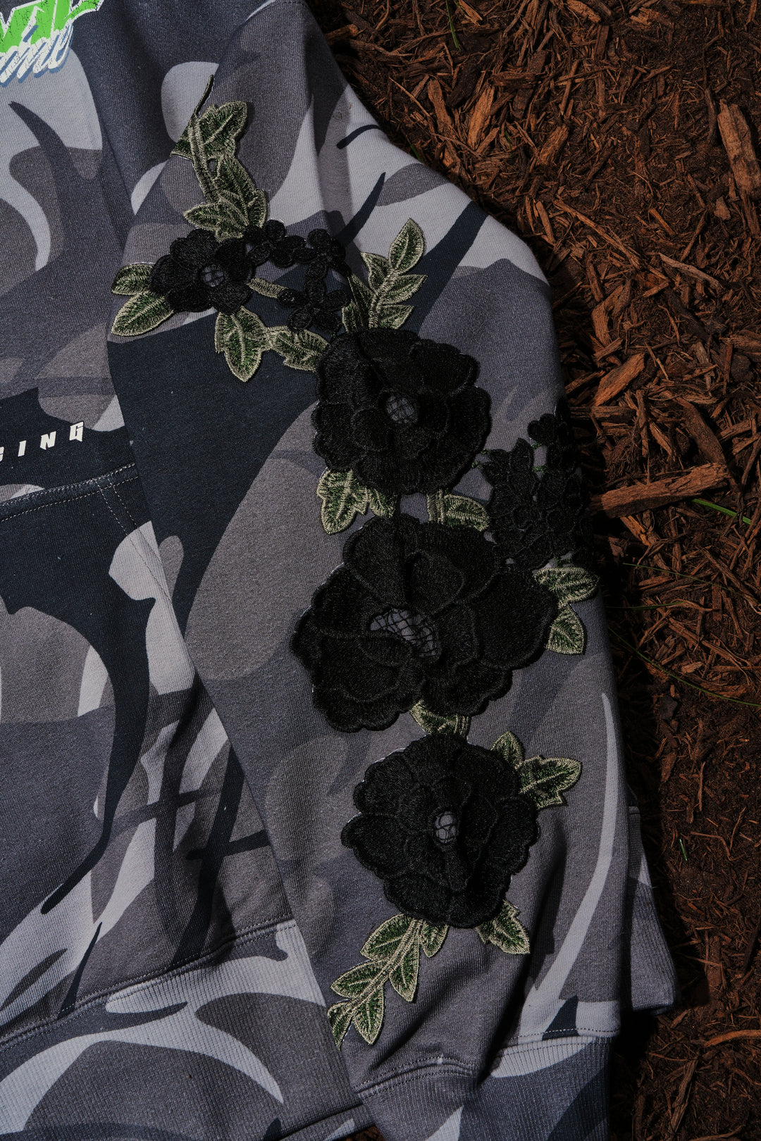 Stray Roses Hoodie in Charcoal Camo