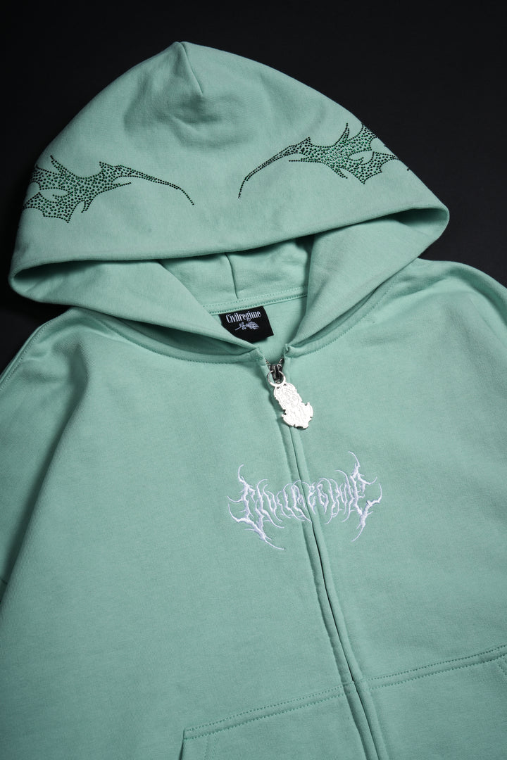 Stone Empire Outliers Distressed Zip Up Hoodie in Sea Moss Green