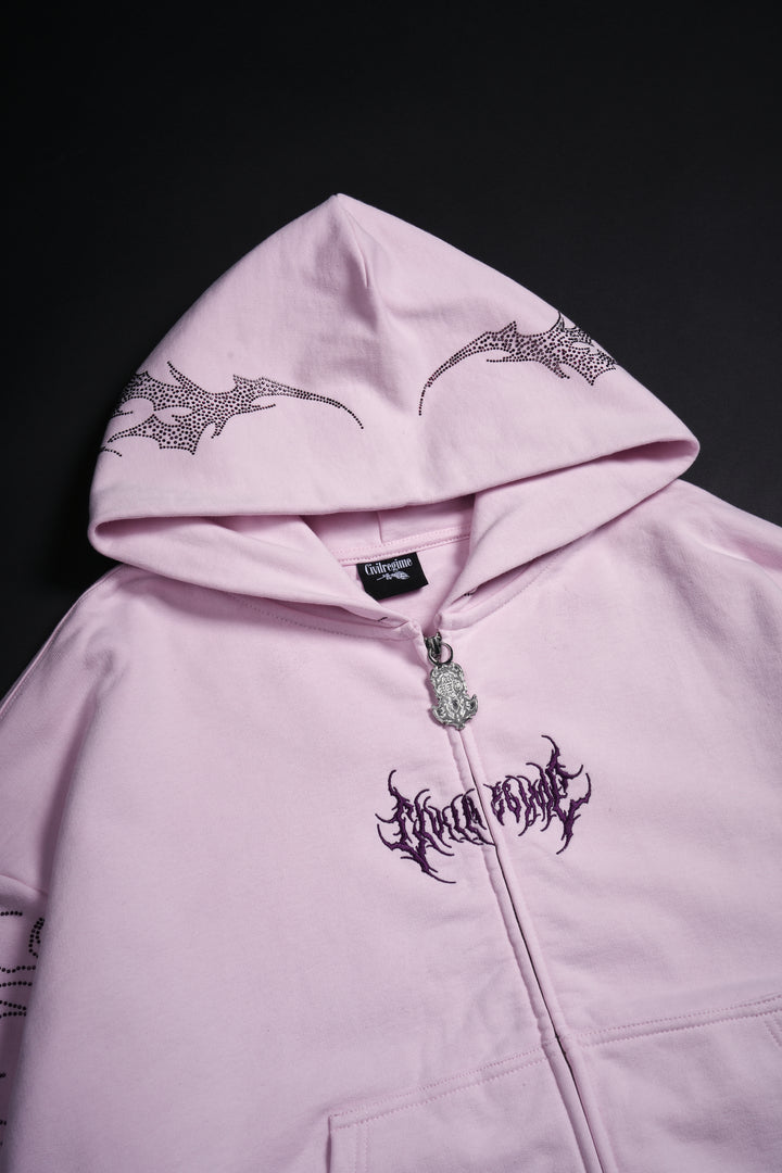 Stone Empire Outliers Distressed Zip Up Hoodie in Baby Pink