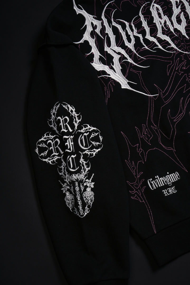 Surging Through The Blossoms Outliers Distressed Zip Up Hoodie in Black/Pink