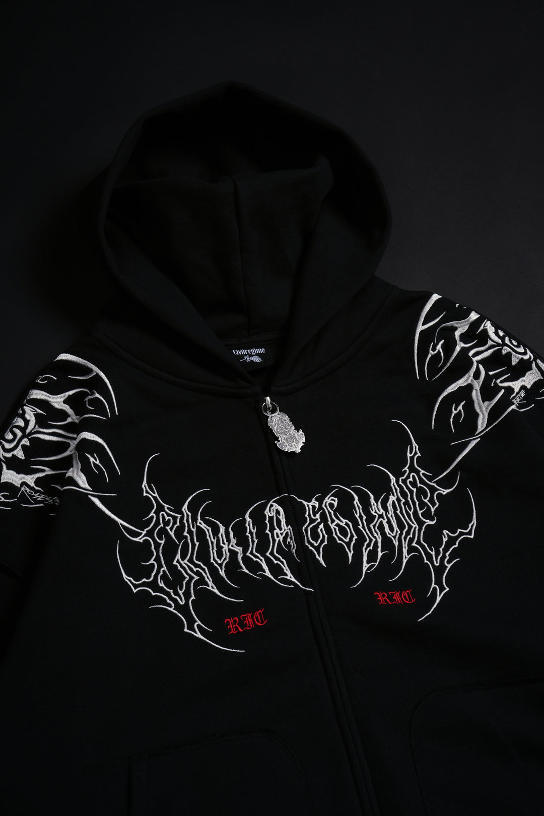 Surging Through The Blossoms Outliers Distressed Zip Up Hoodie in Black/Gray