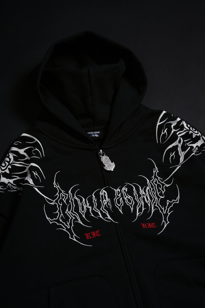 Surging Through The Blossoms Outliers Distressed Zip Up Hoodie in Black/Gray