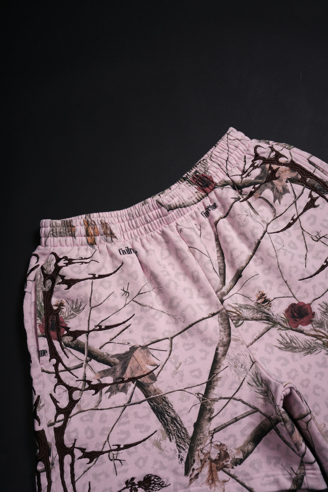 Core Brigade Baggy Shorts in Baby Pink Real Leopard Camo