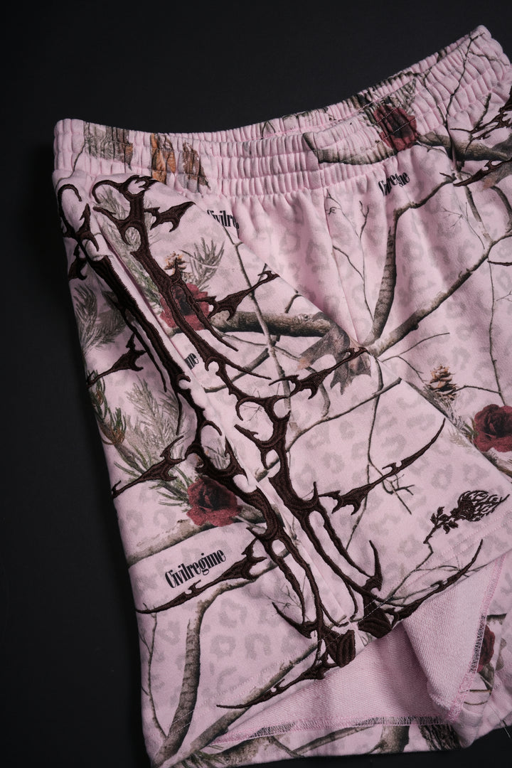 Core Brigade Baggy Shorts in Baby Pink Real Leopard Camo