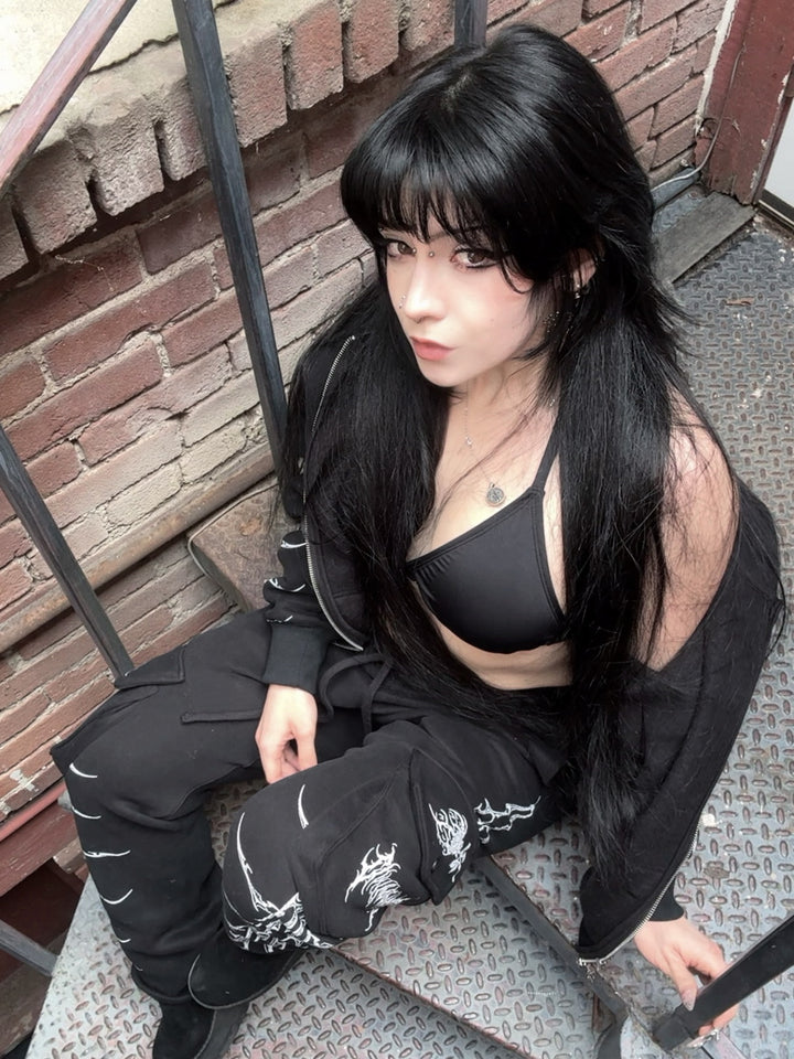 Civil Wide Leg Cargo Fleece Pants in Black