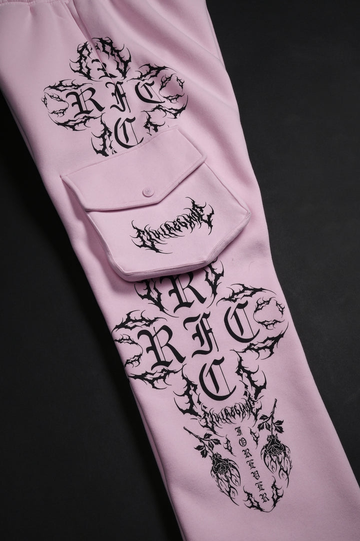 Roses Forever Wide Leg Cargo Fleece Pants in Baby Pink