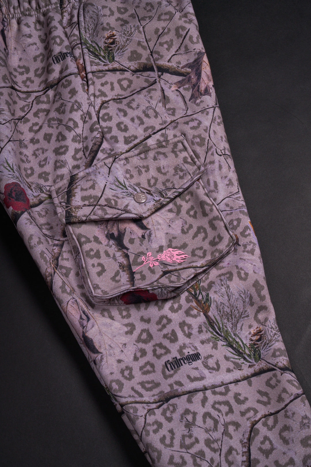 Concrete Forest Wide Leg Cargo Fleece Pants in Real Leopard Camo