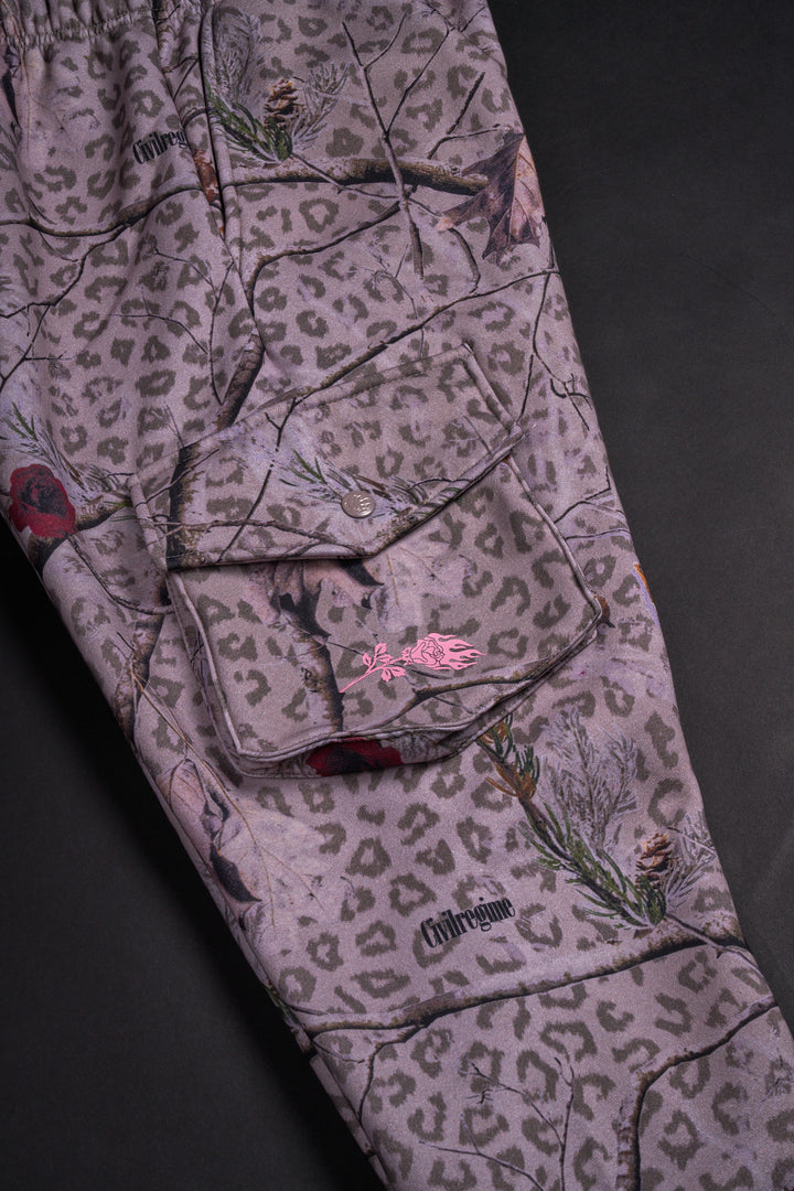 Concrete Forest Wide Leg Cargo Fleece Pants in Real Leopard Camo