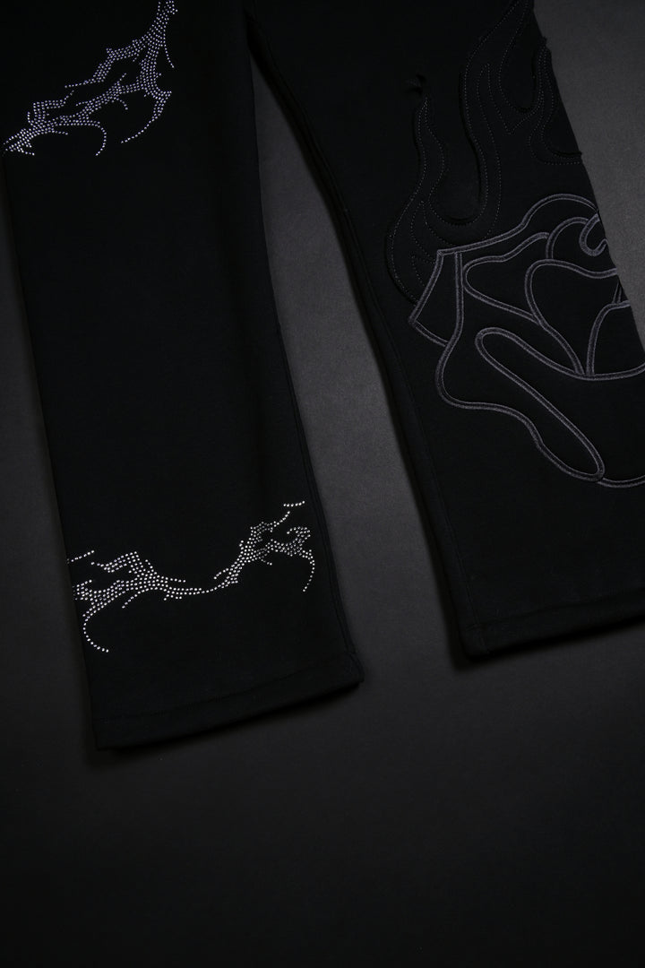 Bad Bih Rhinestone Wide Leg Fleece Pants in Black