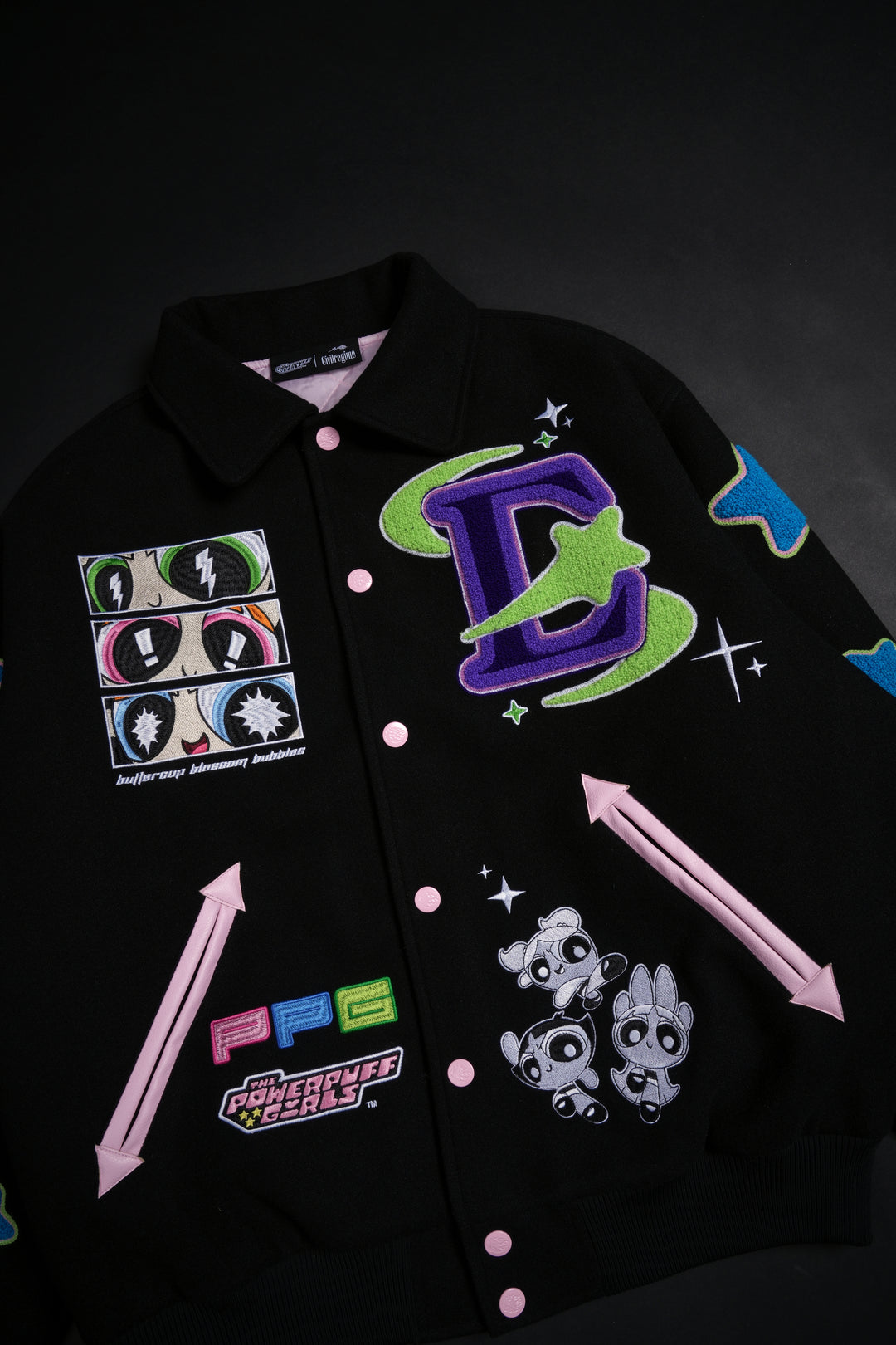 Interstellar Bloom Collared Letterman Jacket in Black