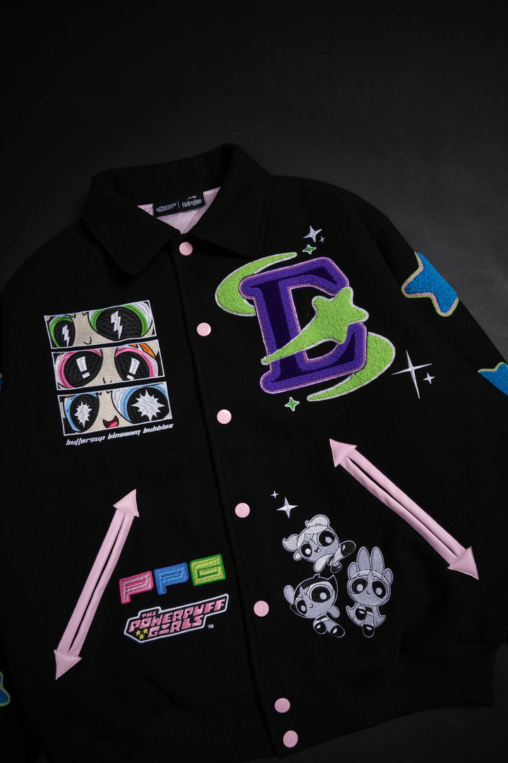 Interstellar Bloom Collared Letterman Jacket in Black