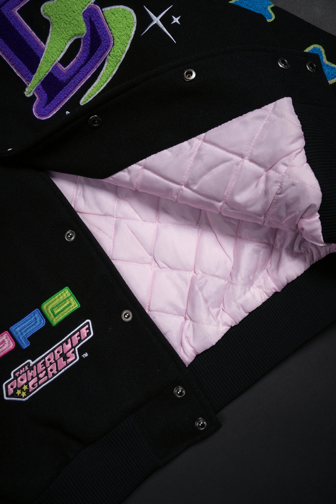 Interstellar Bloom Collared Letterman Jacket in Black