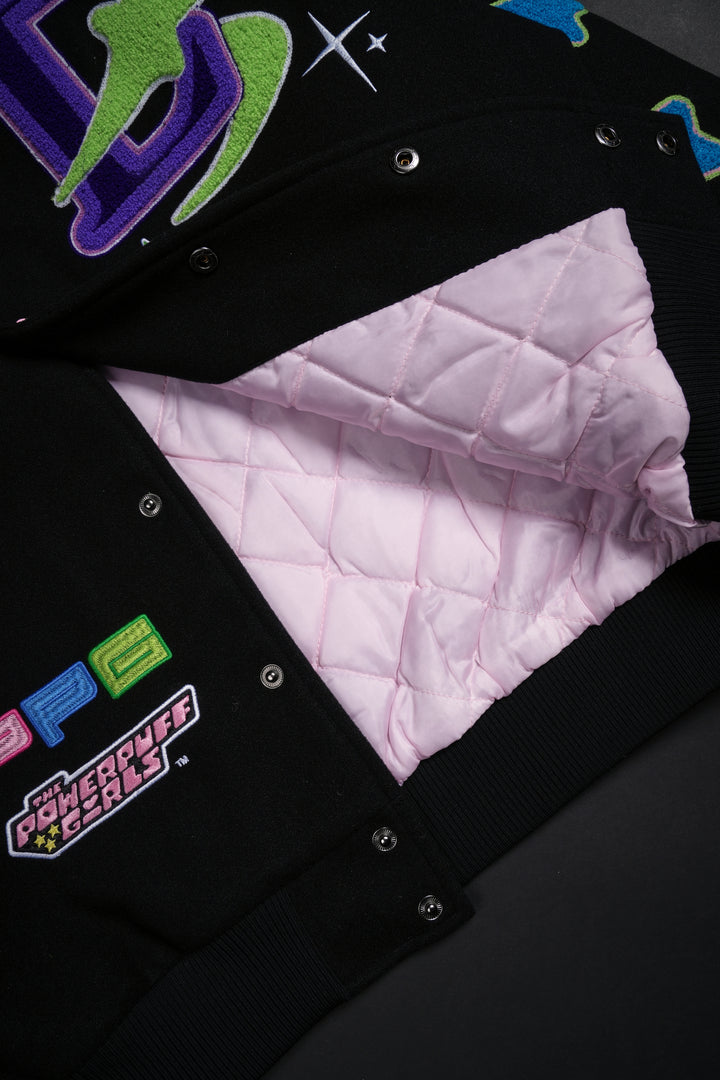 Interstellar Bloom Collared Letterman Jacket in Black