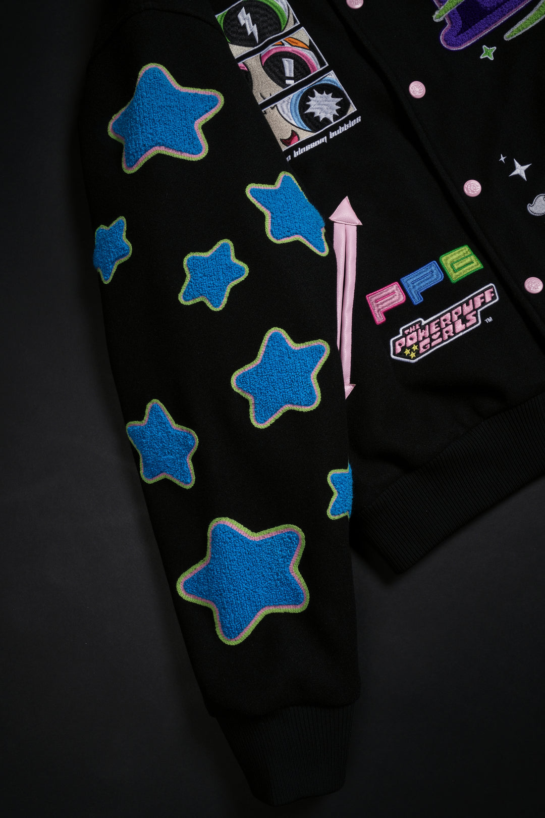 Interstellar Bloom Collared Letterman Jacket in Black