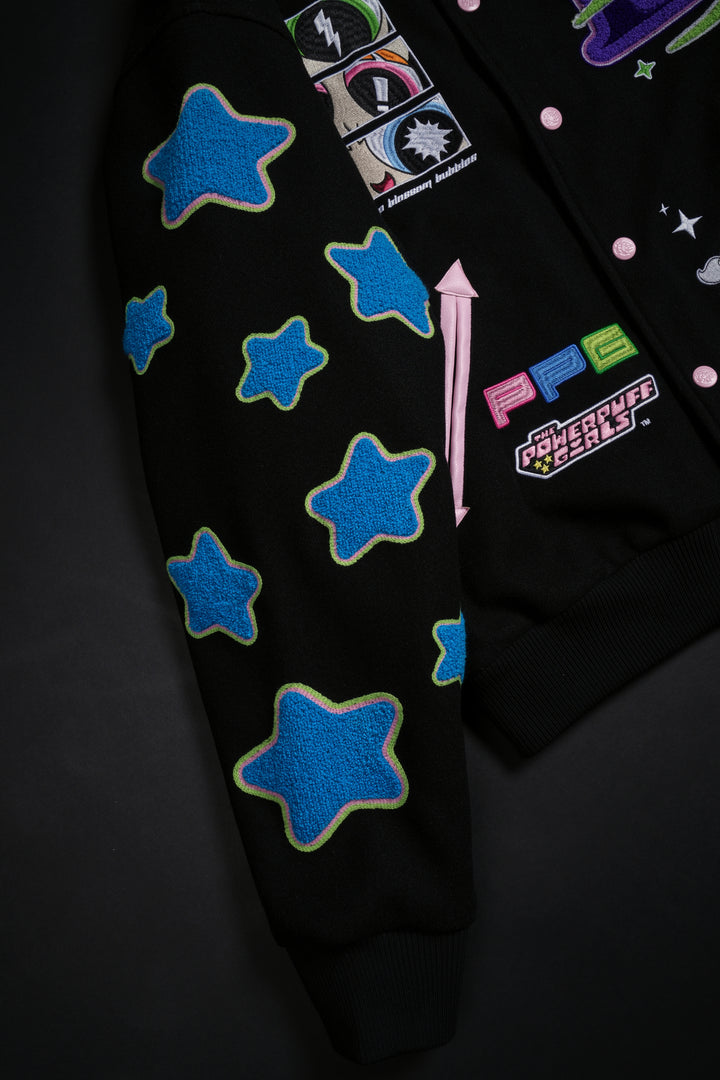 Interstellar Bloom Collared Letterman Jacket in Black