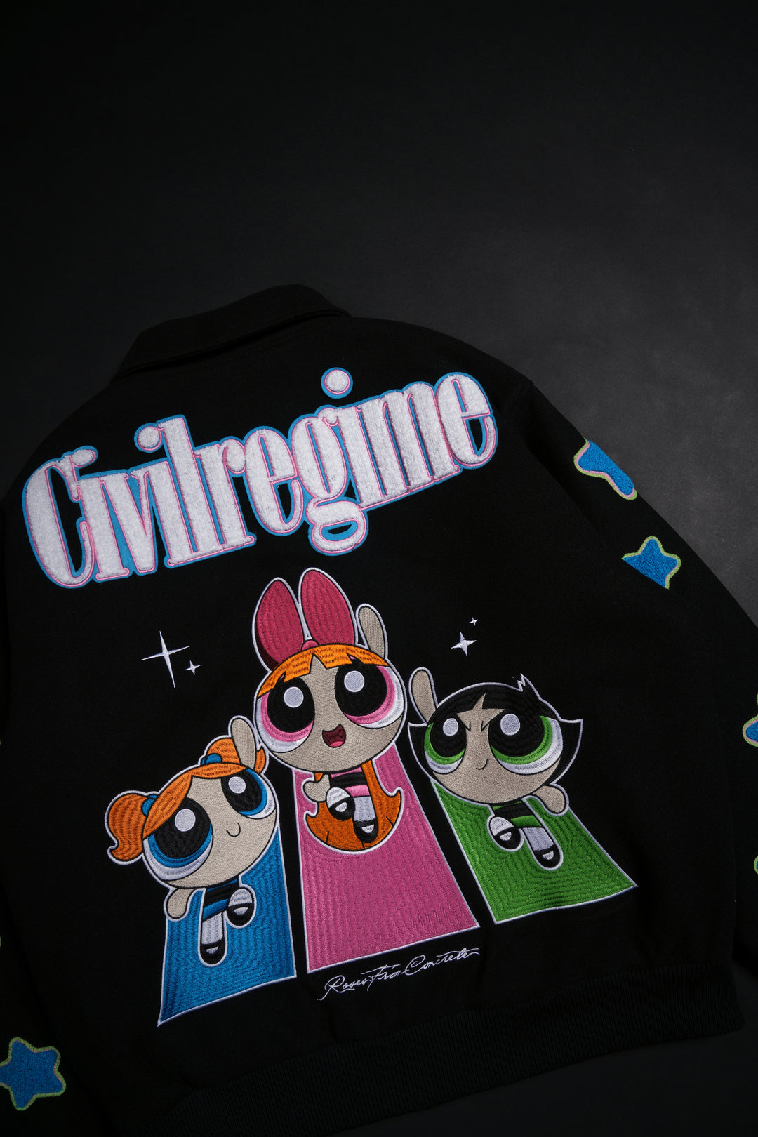 Interstellar Bloom Collared Letterman Jacket in Black