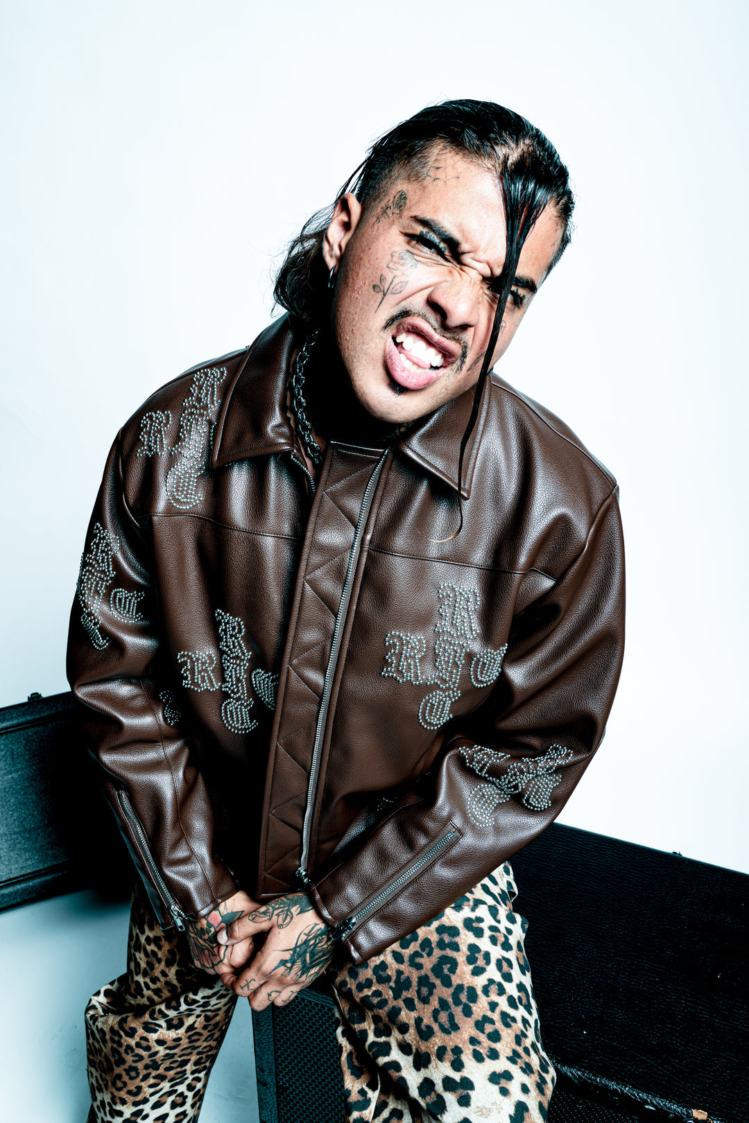 Dome Studs Leather Jacket in Dark Brown