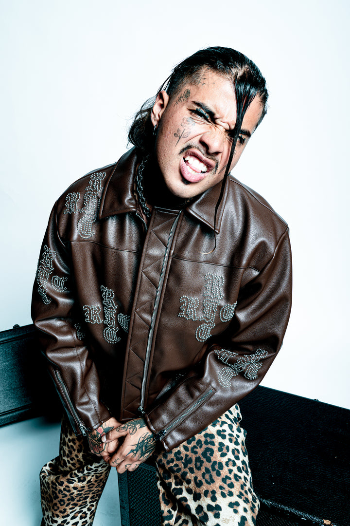 Dome Studs Leather Jacket in Dark Brown