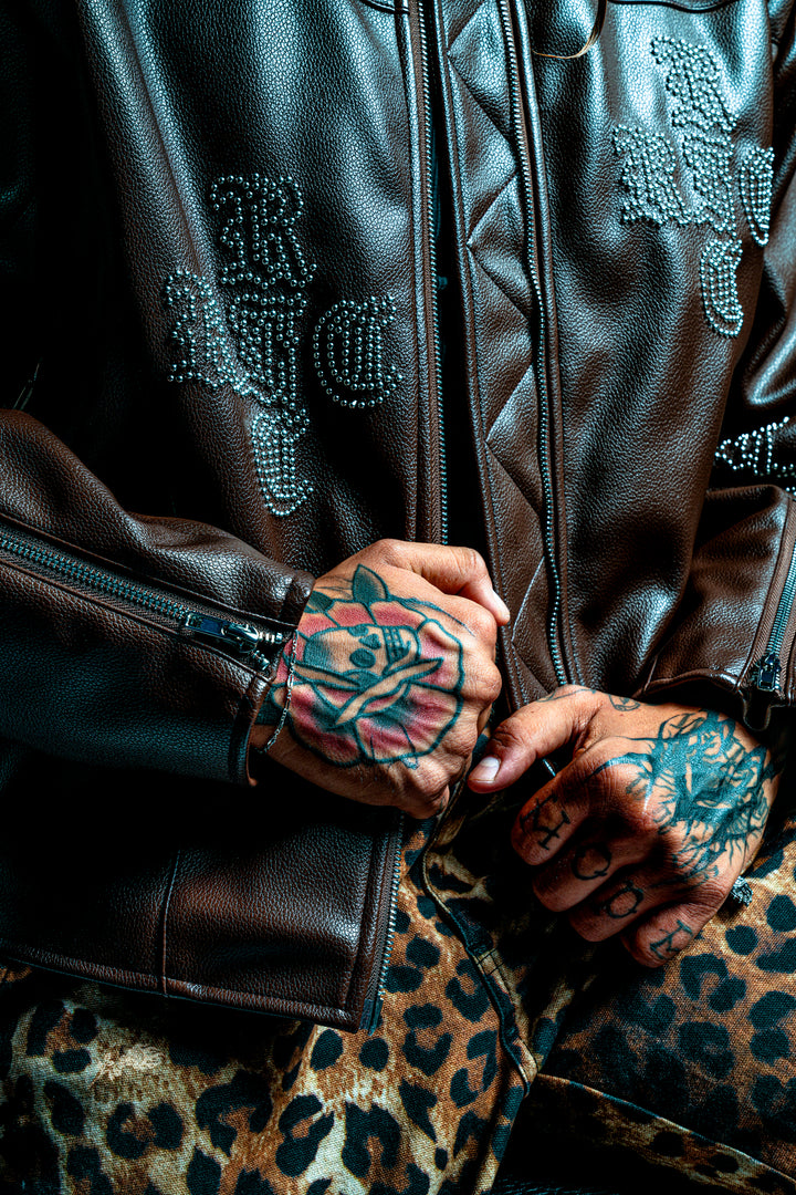 Dome Studs Leather Jacket in Dark Brown