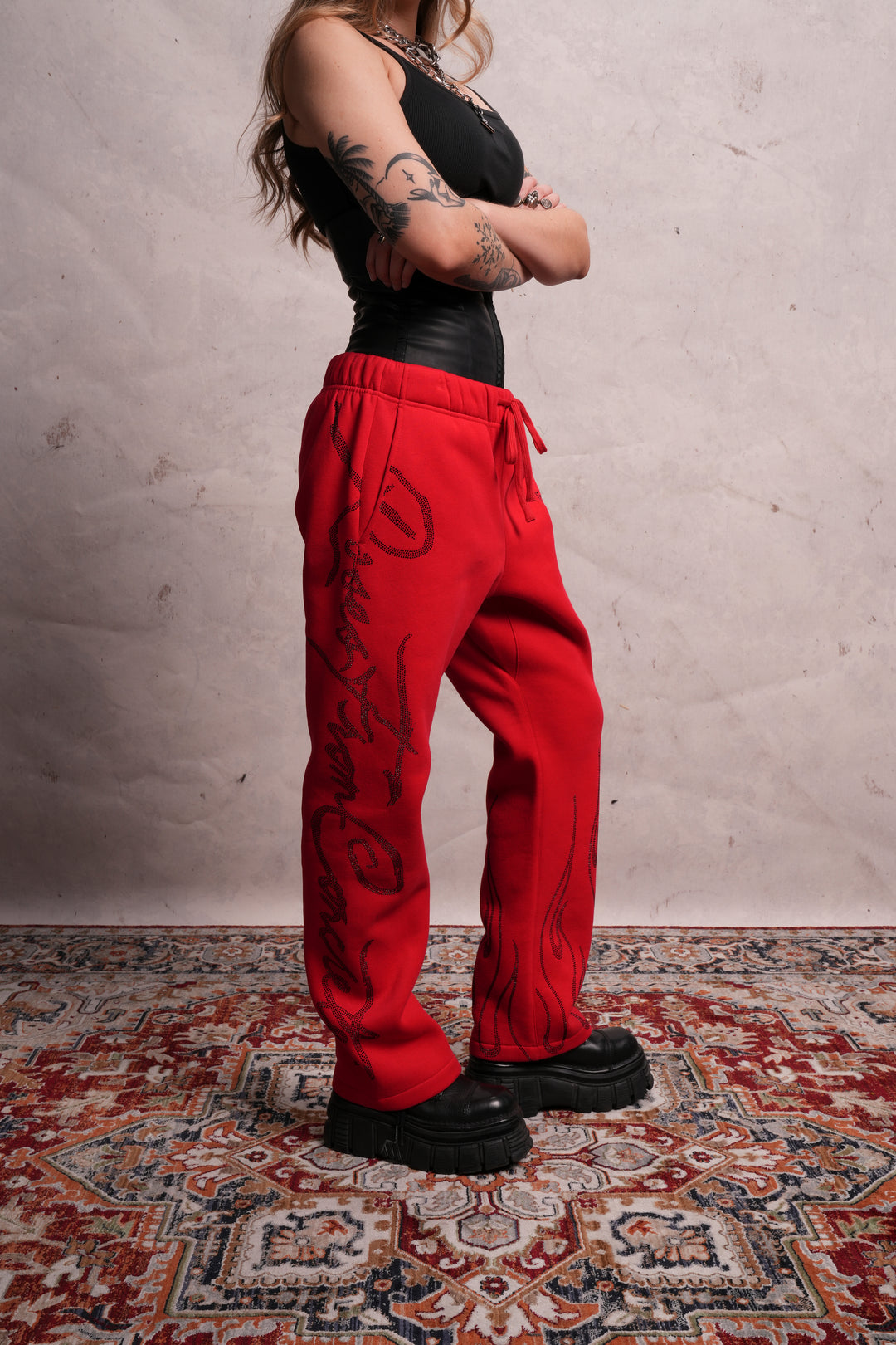 Trail Of Ashes Wide Leg Fleece Pants in Cherry Red