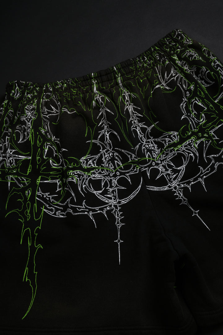 Lucid Thorns Baggy Shorts in Vintage Black/Acid Green