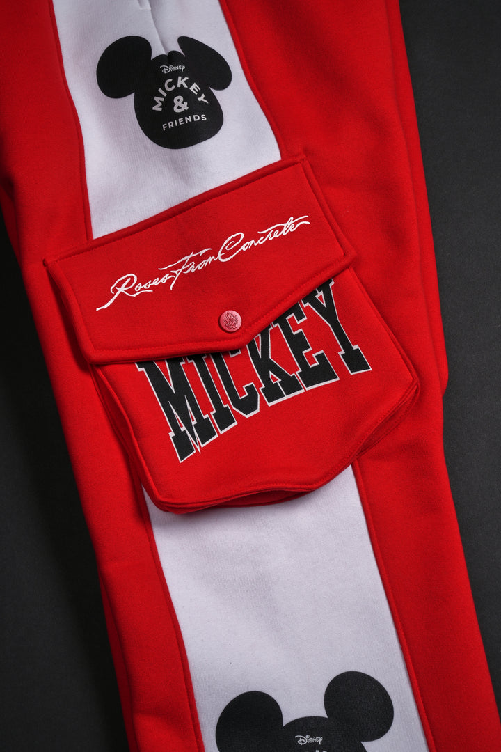 Mickey Wide Leg Cargo Fleece Pants in Red/White
