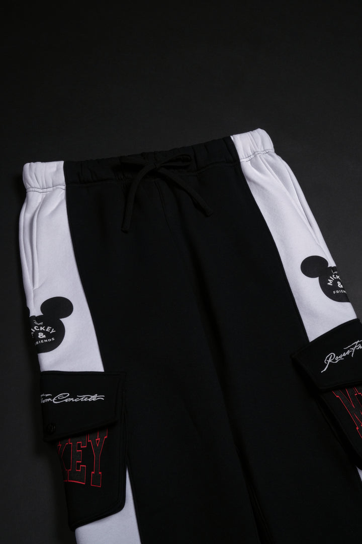 Mickey Wide Leg Cargo Fleece Pants in Black/White