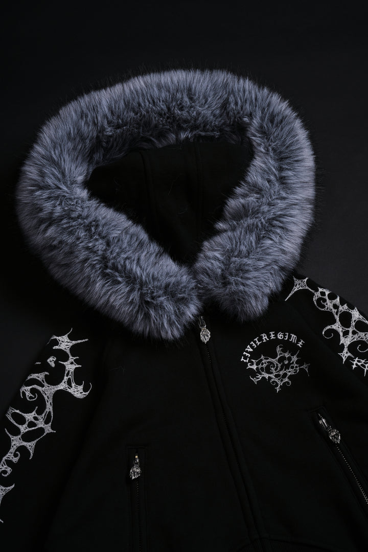 Lover's Lament Angel Cropped Fur Zip Up Hoodie in Black