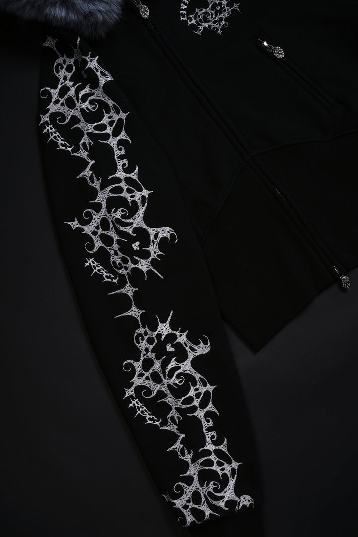 Lover's Lament Angel Cropped Fur Zip Up Hoodie in Black