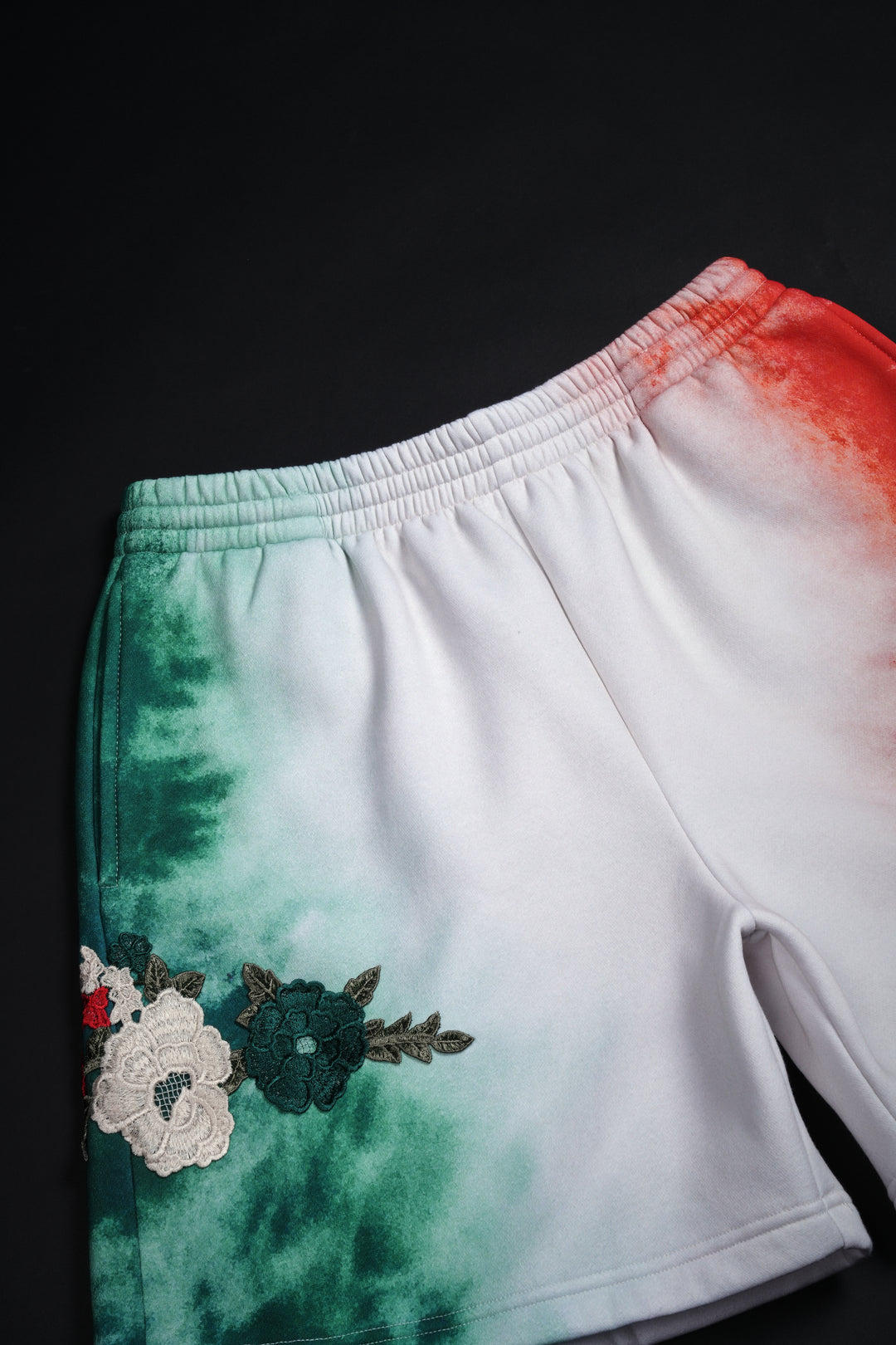 Viva La Rose Baggy Shorts in Spray Wash Deep Green, Butter, Radiant Red