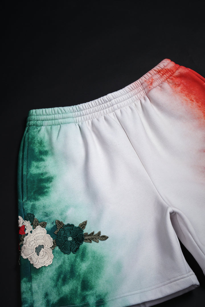 Viva La Rose Baggy Shorts in Spray Wash Deep Green, Butter, Radiant Red