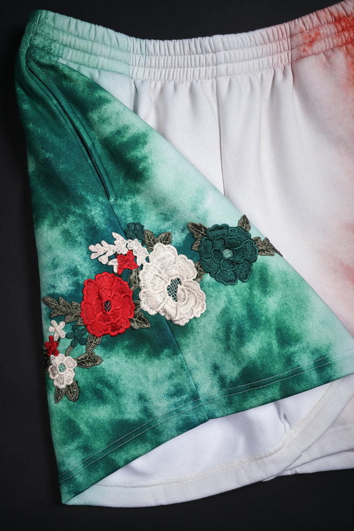 Viva La Rose Baggy Shorts in Spray Wash Deep Green, Butter, Radiant Red