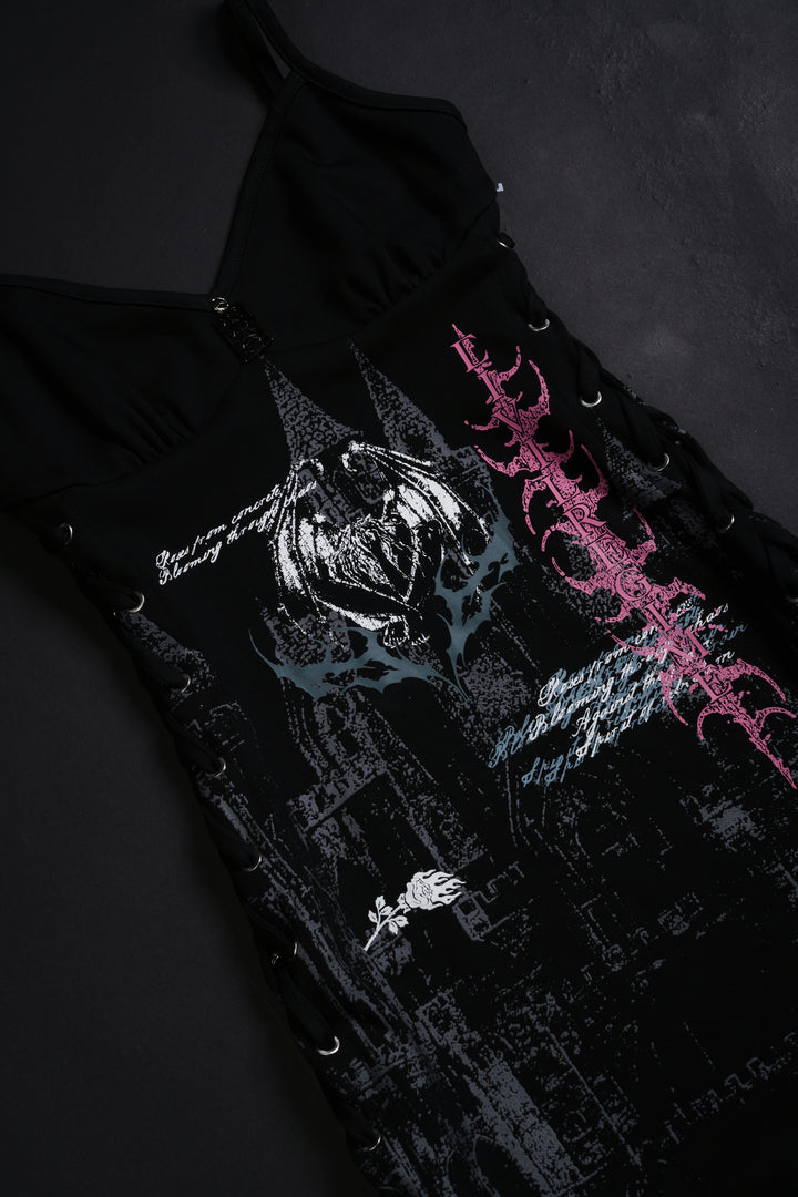 Weeping Angel Lace Up Cyber Mini Dress in Black