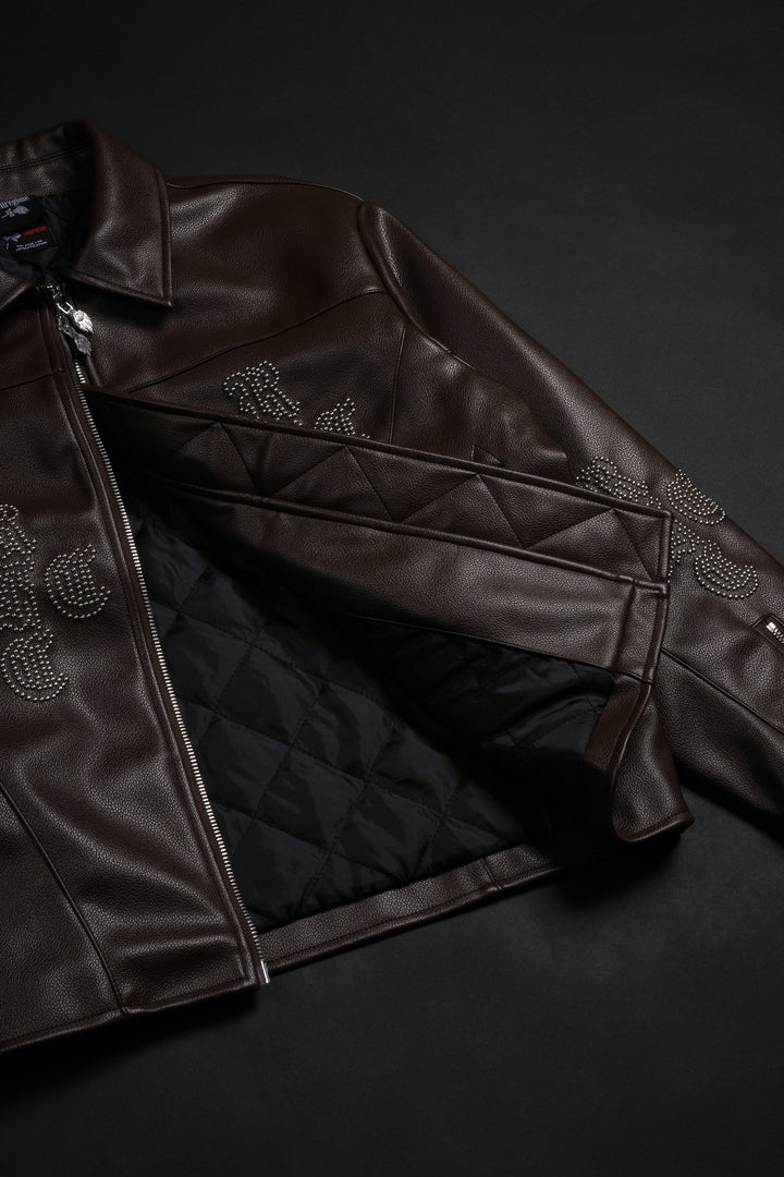 Dome Studs Leather Jacket in Dark Brown