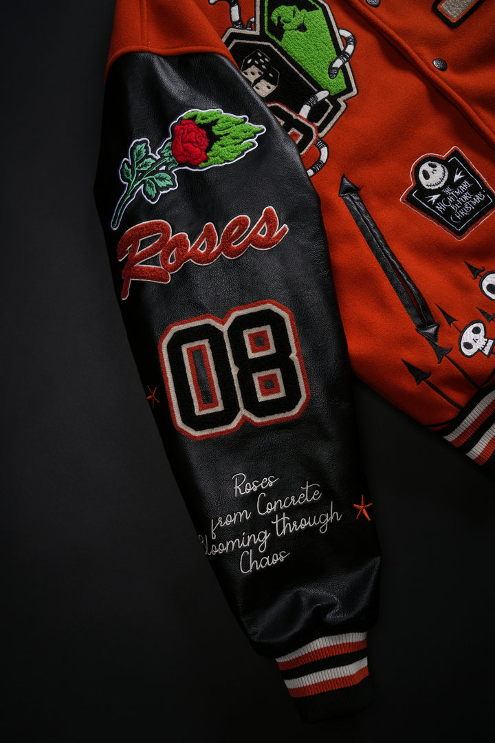 Oogie Boogie Letterman Jacket in Pumpkin Orange/Black