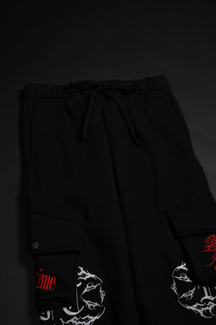 Chaos Regime Wide Leg Cargo Fleece Pants in Black