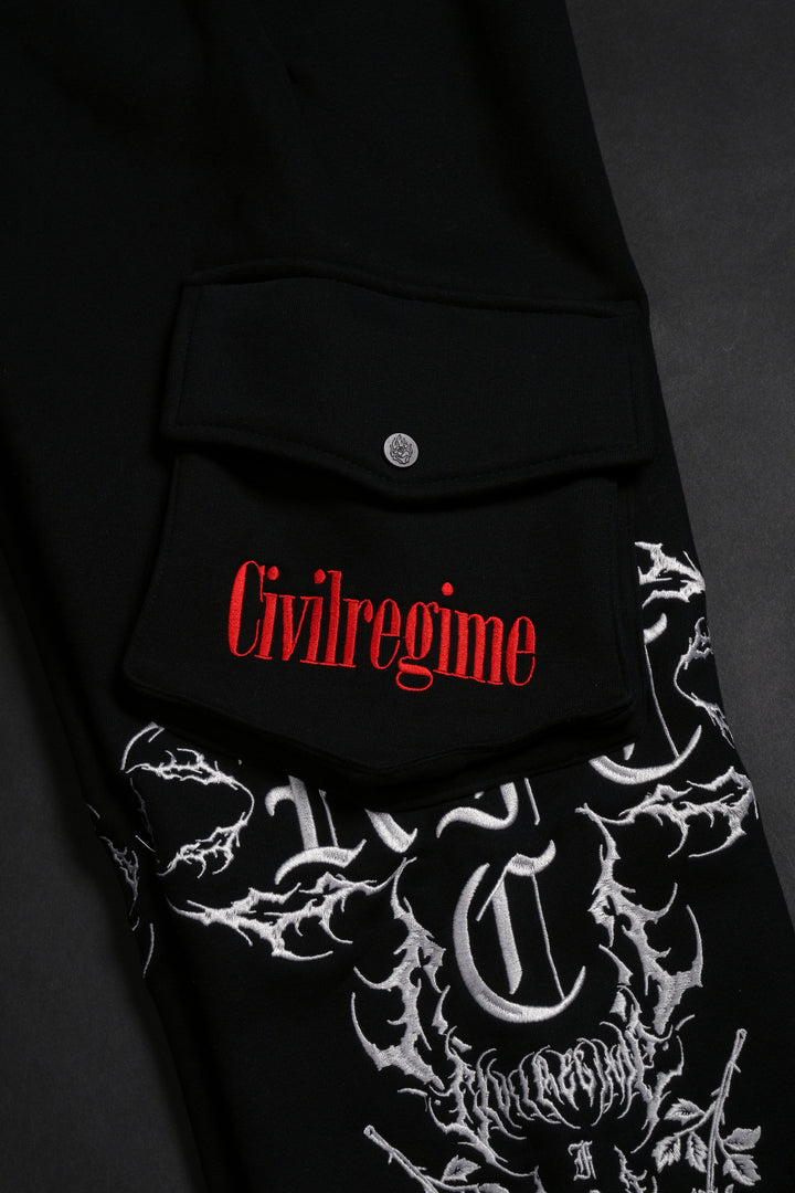 Chaos Regime Wide Leg Cargo Fleece Pants in Black