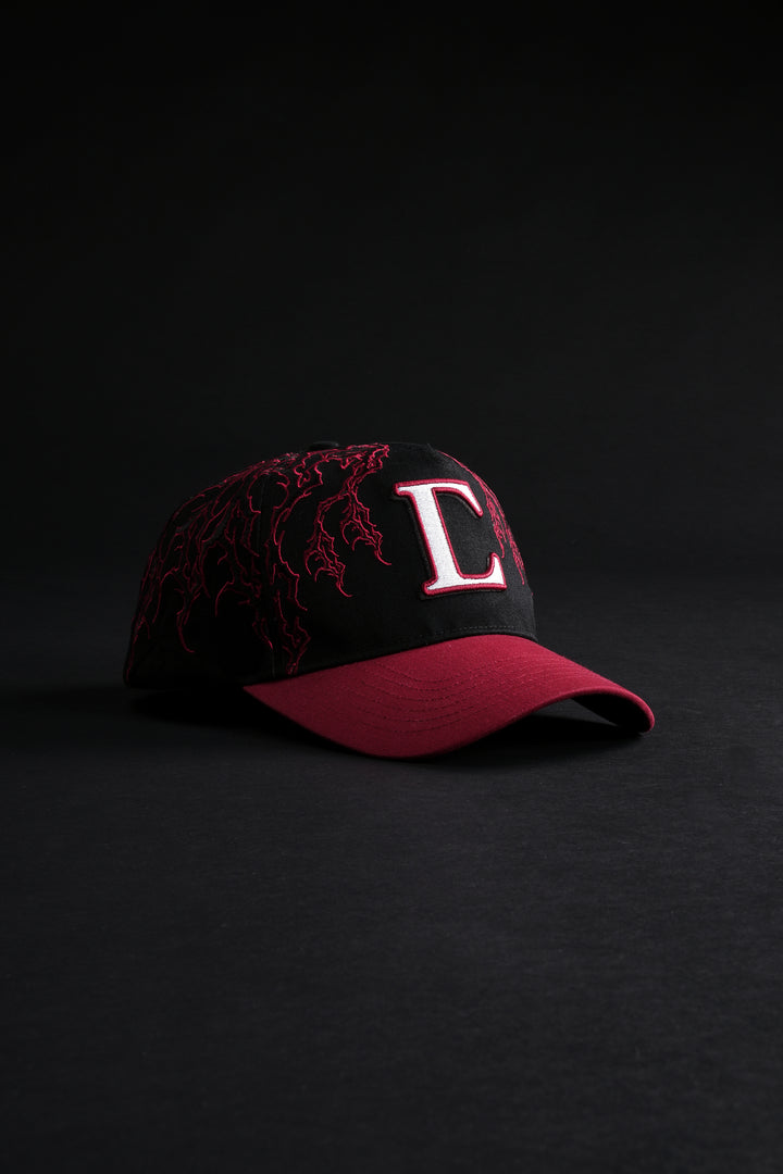 Hollow Veins 5 Panel Strapback Hat in Black/Cherry Red