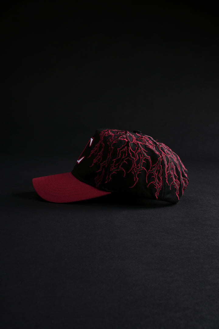 Hollow Veins 5 Panel Strapback Hat in Black/Cherry Red