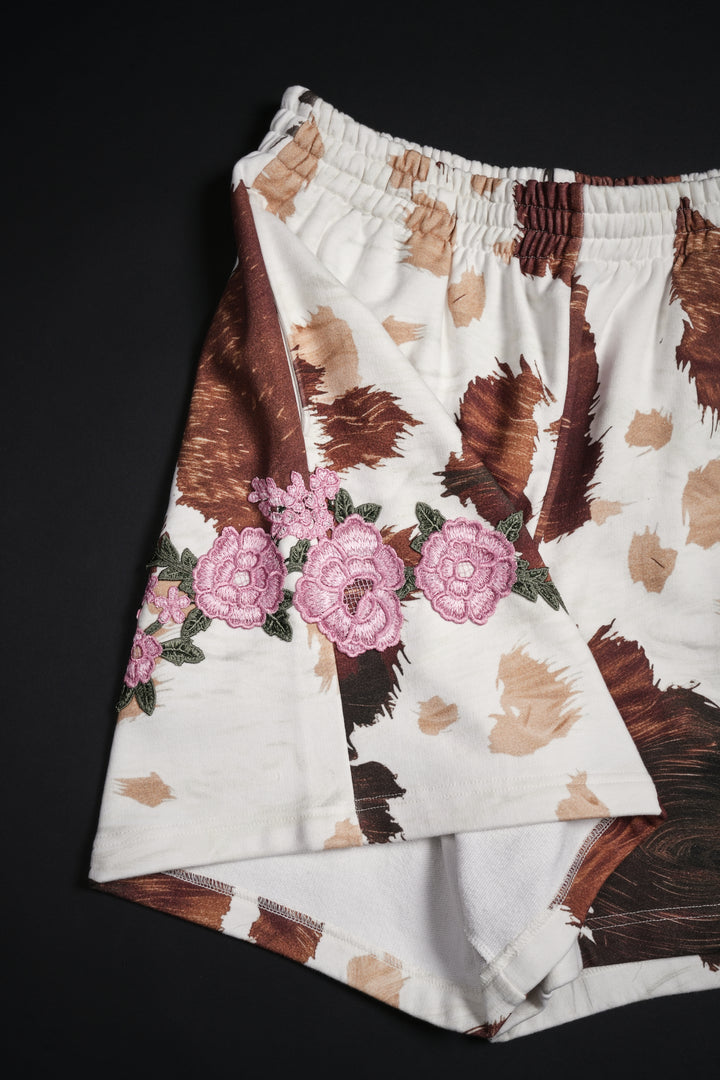 Baby Pink Rose Baggy Shorts in Cow Print