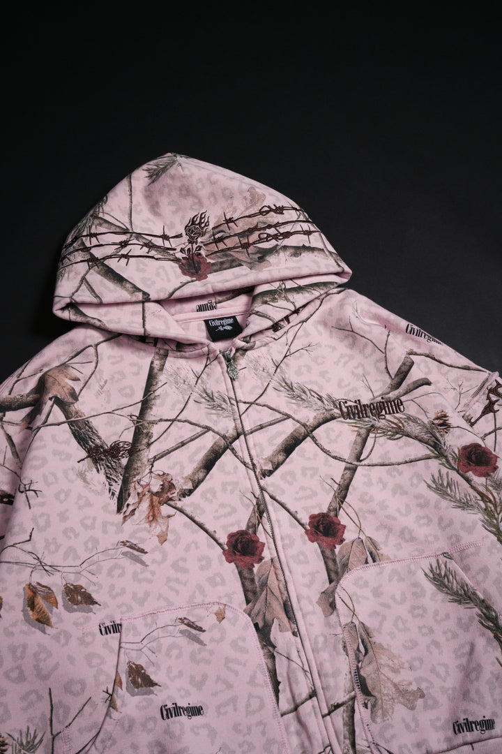 Core Brigade Civil Zip Up Hoodie in Baby Pink Real Leopard Camo